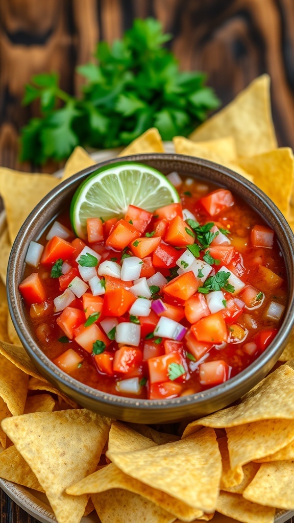A bowl of fresh salsa with tomatoes and cilantro, served with tortilla chips on a rustic table.